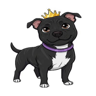 Princess Lola - A Staffordshire Bull Terrier with a purple collar and crown